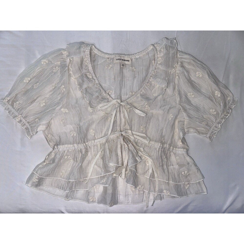 Lucky Brand Sheer Floral Embroidered Ruffle Tie Puff Sleeve Blouse M
